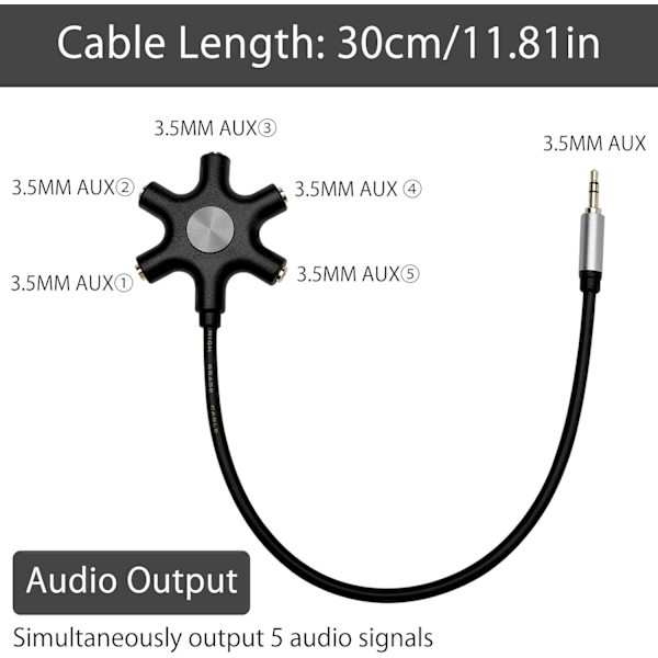 5-Jack Lydkabel Splitter Adapter, Multi-Hodetelefon Splitter, 3,5 mm Jack til 5 x 3,5 mm Sokkel for Bærbar PC, Tablet, Sprøytestøpt Lydsplitter