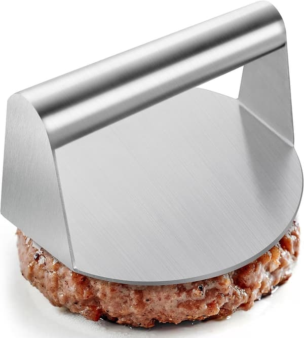 Manuell hamburgerpresse i rustfritt stål, non-stick for pressing av kjøttfyll og bacon.