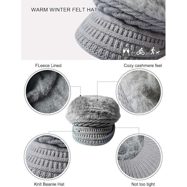 Naisten Talvi Thermal Beanie Beret - Mukava Baker Boy -lippis Visiirillä, Tyylikäs Harmaa Neulotu Cabbie Hat Lämpöä Varten Grey