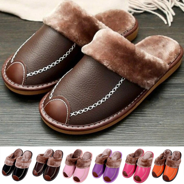 Alpha Tofflor Plyschfoder PU Läder Ovandel Unisex Herr Dam Varma Tofflor Brun 42-43