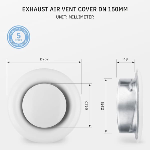 ING TVSA Loftdiffuser Ventilationsventil 150mm, Hvid Ventilationsrist med Monteringsramme, Stålplade, Trinløs Justering af Luftstrøm