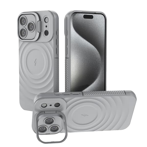 iPhone 17-fodral med stativ, korrugerad textur, fallsäkert, grått