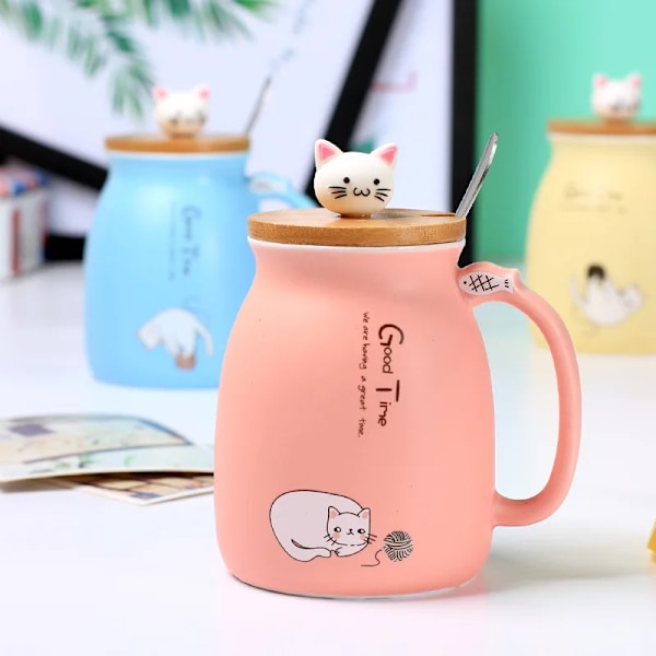 450ml Tecknad Keramisk Kattmugg med Lock och Sked Kaffe Mjölk Te
