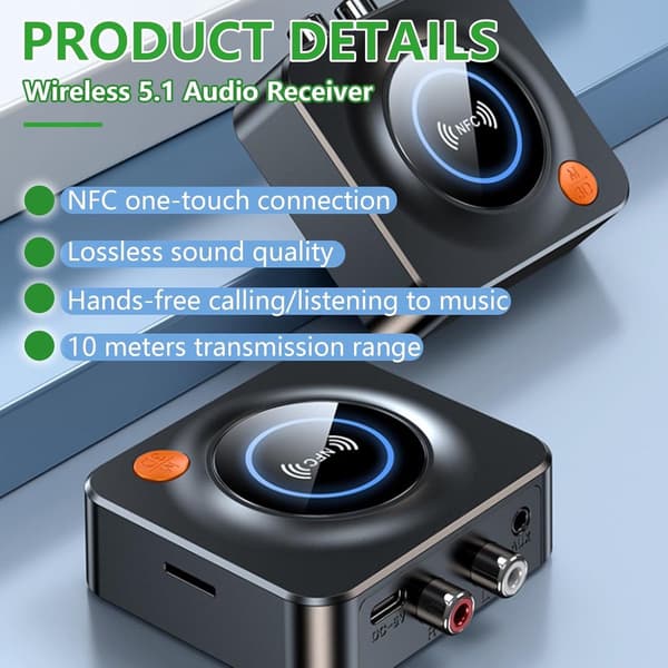 Bluetooth 5.3 lydmottaker, RCA + 3,5 mm, stereo hjemmekinohøyttaler.