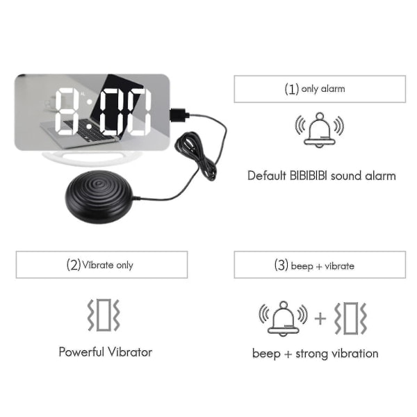 Høyvibrasjons vekkerklokke for tunge sovere Døve, digital speilklokke med sengevibrator F