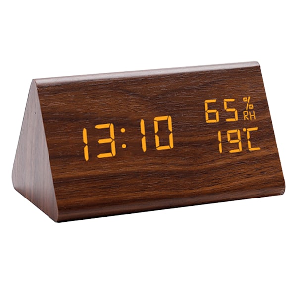 LED-hygrometer väckarklocka, träklocka i triangelform, elektronisk digital klocka, trähygrometer