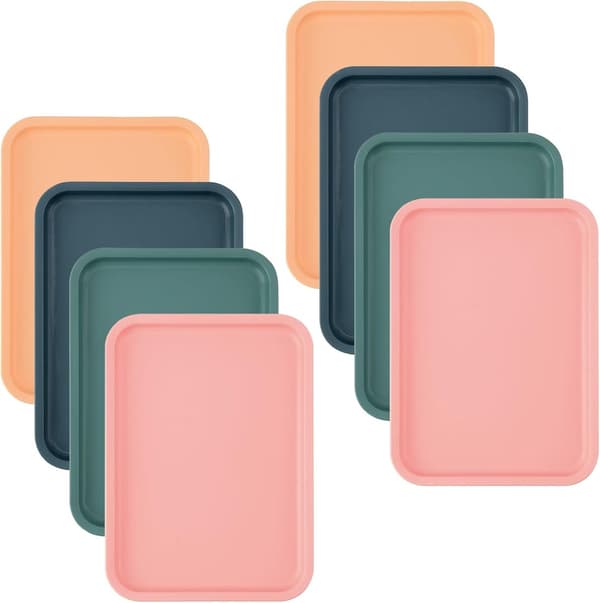 8-delars set med färgglada plastbrickor som mäter 24 x 17 x 1,5 cm, rektangulära minibackar, plastbrickor, små brickor av plast, rektangulära caféer