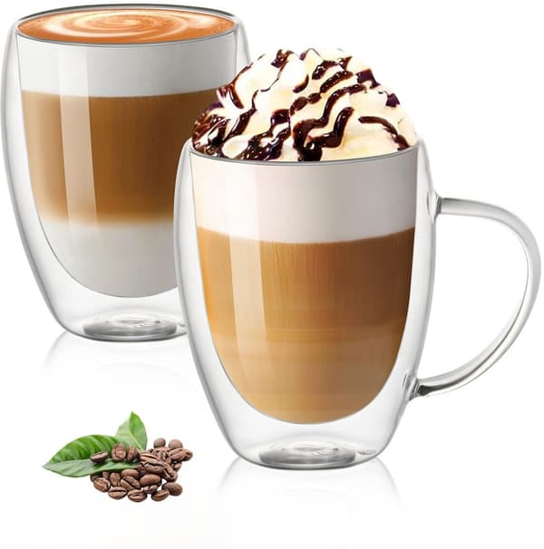 Lattekopper - Dobbeltvæggede - Isolerende Glas - 350ml - Borosilikat - Velegnet til Kaffe og Te - Sæt med 2