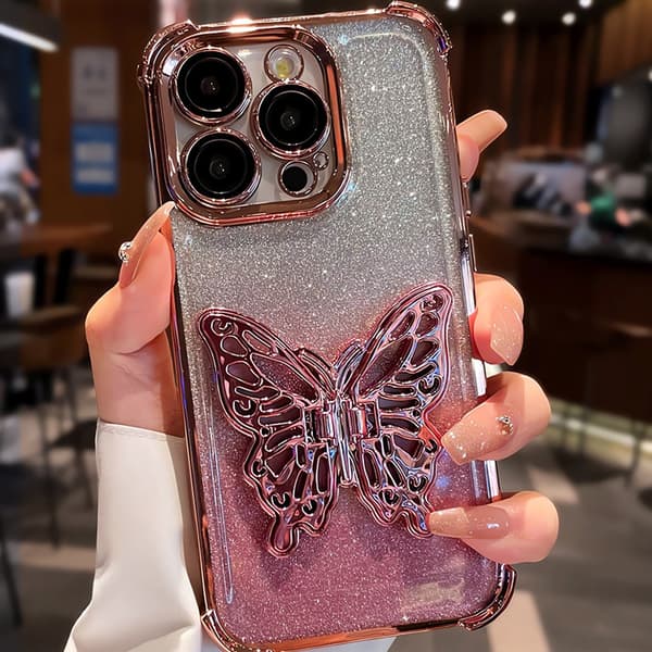 iPhone 16 Pro Max sommerfuglestativ telefoncover, stativet kan åbnes.