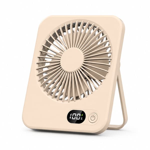 USB-C foldbar bordventilator, LED-skærm, 180° justerbar, 2000mAh kapacitet, brun.