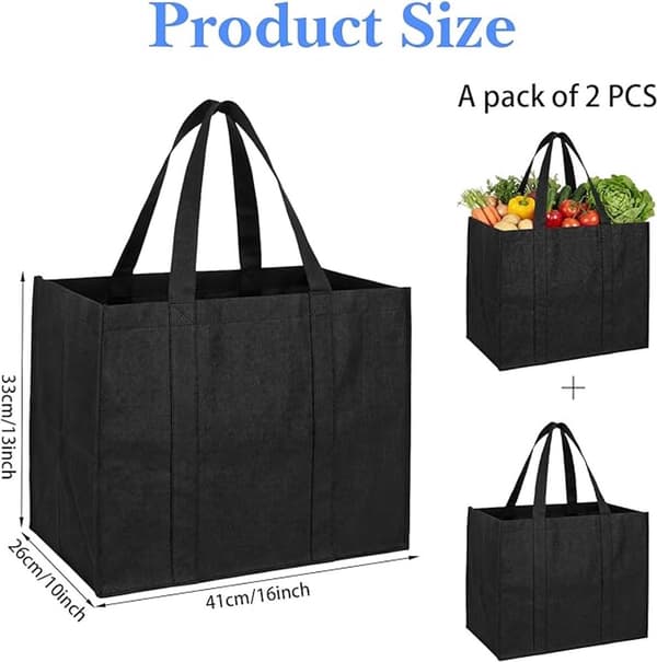Sæt med 2 Luksus Store Indkøbsposer - XL Indkøbsposer - 41x33x26cm - Maks. 30kg Bæreevne - Sammenklappelige & Selvbærende - Sort
