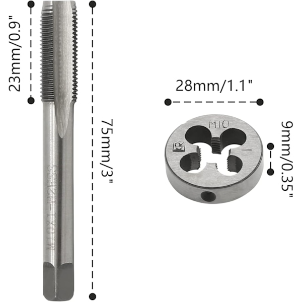 M10 x 1 mm Tap ja M10 x 1 mm Die Metrinen Oikea Kierre, HSS Oikea Kierre Tap ja Die Sarja M10 x 1 mm