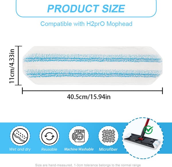 3 arkstora - Mikrofibermoppmatta för Vileda H2PrO - Vit - 40,5*11 cm
