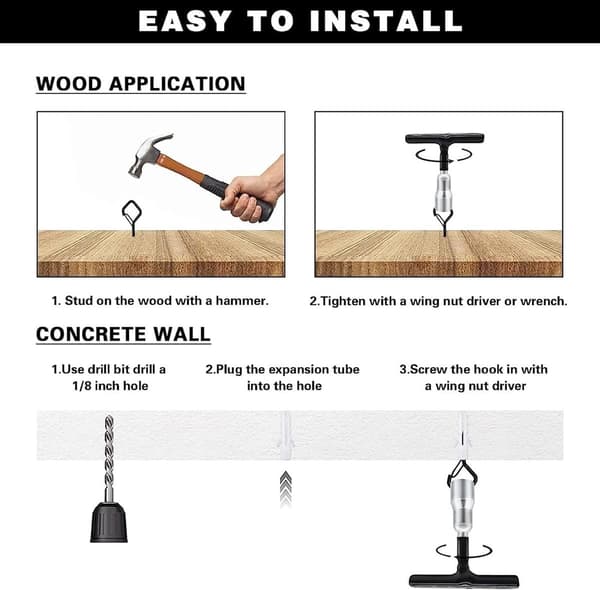 Kierteiset seinäkoukut, 20 kpl, monikäyttöinen seinäkiinnitys, musta.