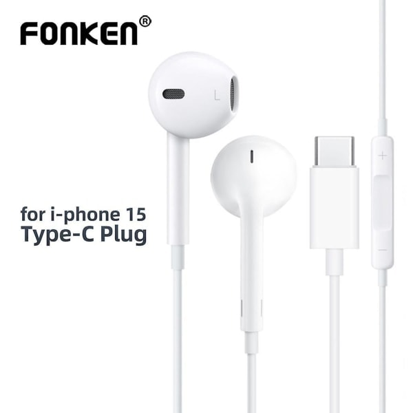 Fonken Kuulokkeet johdolla iPhone 15 Pro Max:lle - Korvakaiuttimet Type-C - Mikrofonilla, Bassoilla ja Stereolla - Ei Bluetooth
