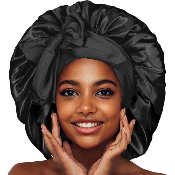 Satiini Bonnet - Silkkibonet naisille, hiusbonnet nukkumiseen, Jumbo Bonnet Satiini Silkkibonet, säädettävä solmittava bonnet (musta)
