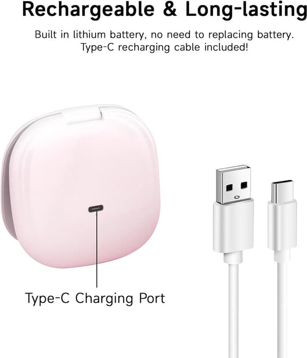 5x förstorande uppladdningsbar sminkspegel (rosa), 3-färgs ljus, touchkontroll, USB-C, resevänlig.