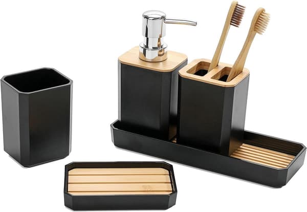 Badeværelsestilbehør (5-delt sæt) - Sæbedispenser og tandbørsteholder - Moderne boheme-stil - Sort
