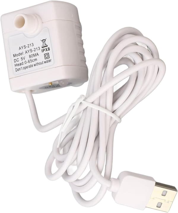 Allecto Plus, Tyst Vattenfontänspump för Husdjur 5V Mini Kattvattendispenserpump, Vattentät, 1485cm Strömkabel