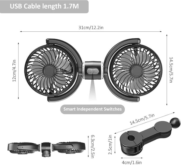 Bilbagsædeventilator - Justerbar dobbelthoved - Tre-trins USB-ventilator - Bærbar