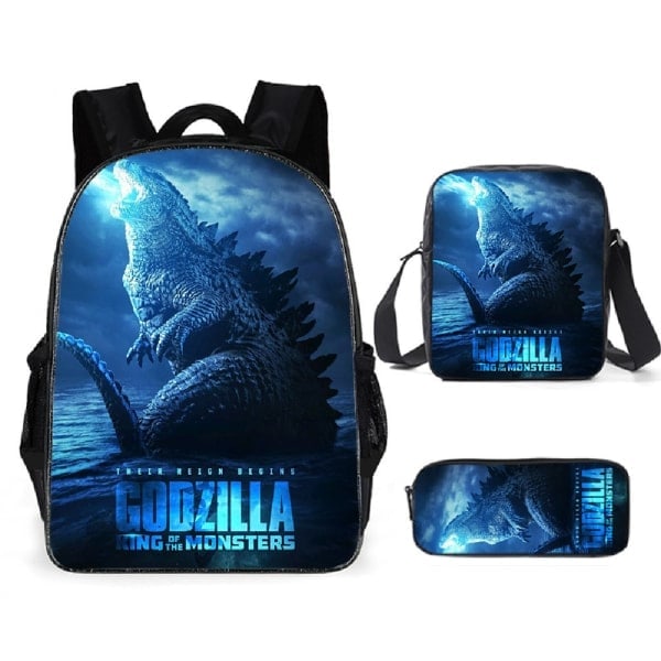 Godzilla Anime Ryggsäck, 3-delad Skolväska Set för Studenter, Cartoon Design, WELLNGS