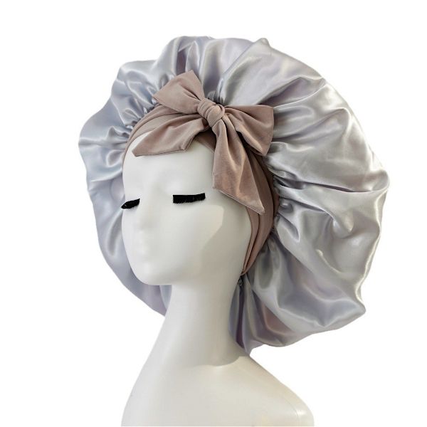 Satiini Bonnet - Siden Bonnet Uniunellelle - Kaksoiskerros Satinivuorattu Hiusmyssy Nauhalla - Bonnets Naisille Luonnollisille Kiharille Hiuksille silver colored