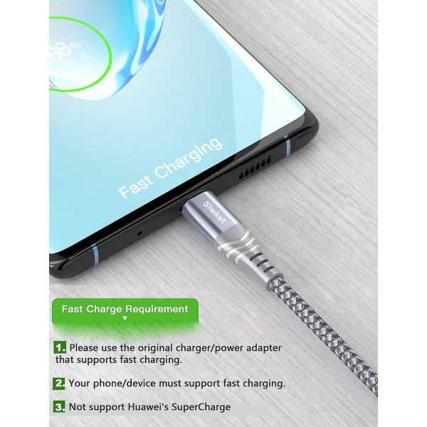 USB Type C Kabel 3A Hurtig Opladningsledning, 2 Pakker 1m 2m USB A til USB C Opladerkabel Flettet Datasynkronisering til Samsung Galaxy S10 S9 S8,no
