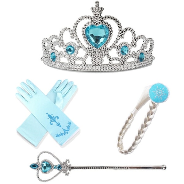 4-pack Elsa och Anna prinsessset: Fläta, tiara, trollstav och ett par ljusblå handskar