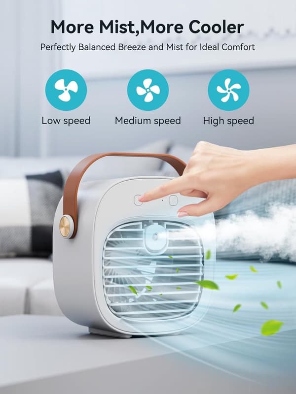 Mini vandkølet luftkøler, genopladelig, tre-trins skrivebordsventilator, hvid.