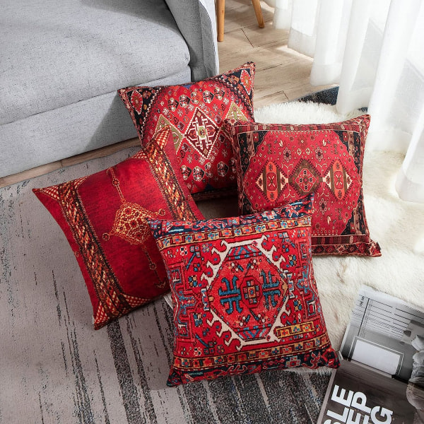 Putetrekk Geometrisk Persisk Kilim Hjemmedekor Sett med 4 Orientalske Ikat Putetrekk Dekorative 18x18 Tommer Pute Sofa Sofaputetrekk