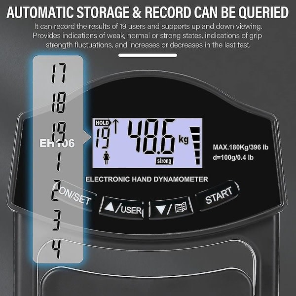 Gripstyrke-tester, 180 kg/396 lbs Digital Hånddynamometer med USB og LCD-skjerm