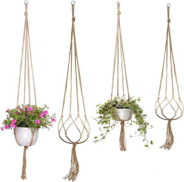 4-delars rustik naturjutevävd hängande växtkorg med elegant och chic foder (2 st 90 cm + 2 st 105 cm)