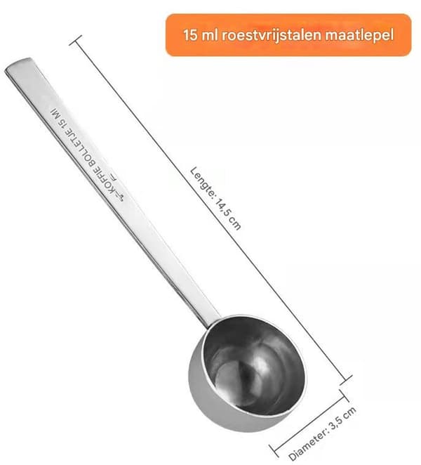 15 ml långskaftad mätsked i rostfritt stål (två delar), för mätning av kaffe och teblad, silver.