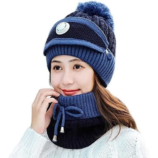 Mössa hatt Vinter Kvinnor Mask Balaclava Hatt För Tjock Varm Fleece Stickad Hatt Halsduk Set 3 Stycken Vinterhattar B-marin B navy