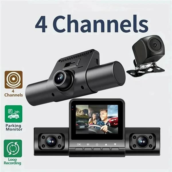 AutoDVR dashcam med 1080P nattsyn og parkeringsmonitor; 4 kameraer, førerside.