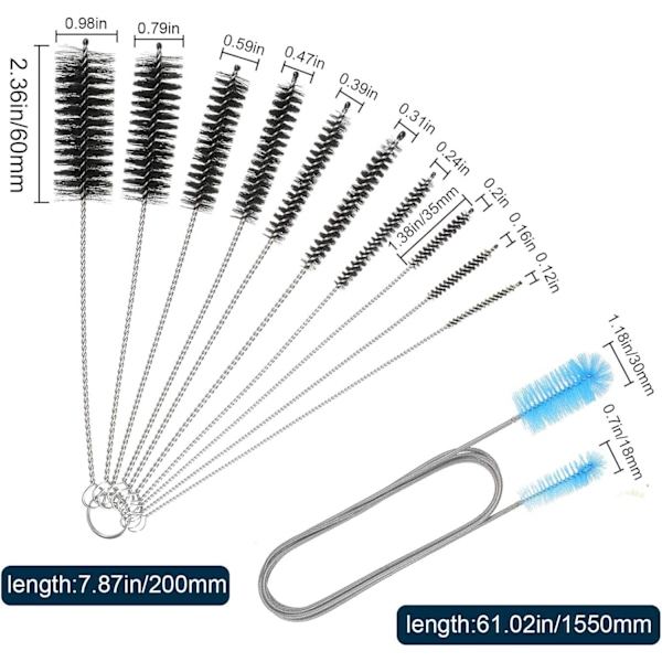 Akvaarion puhdistusharjojen setti, 11 osaa, ruostumattomasta teräksestä valmistettu putkenpuhdistusharja, kaksisuuntainen joustava harjan letku, akvaarioon, kotikäyttöön