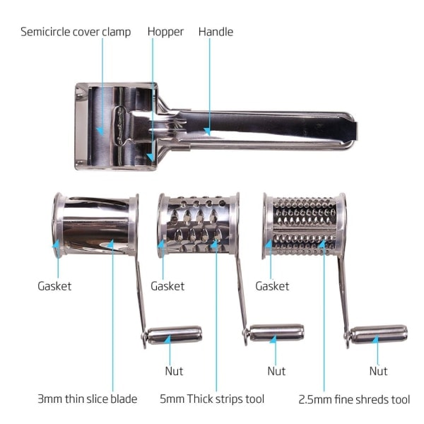 Juustoraastin, vihannesleikkuri 3:lla erittäin terävällä sylinterillä ruostumattomasta teräksestä valmistetussa myllyssä ja leikkurissa
