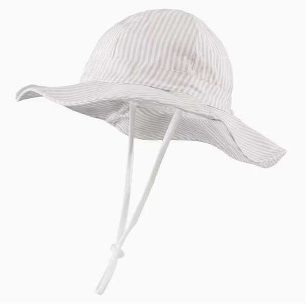 Søt feriesolhatt, lintekstur - beige - sand - hvite striper/striper - bomull - egnet for barn i alderen 1 til 3 år.