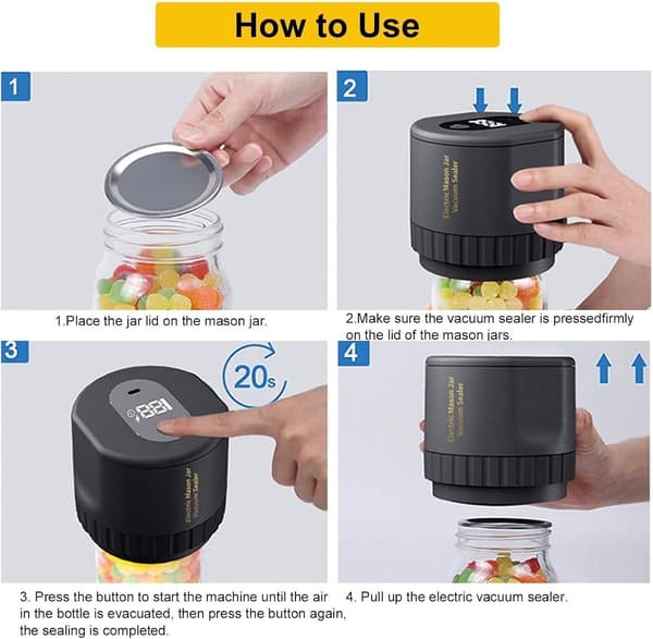 Multifunksjonelt vakuumforseglingssett, USB-oppladbart, med flaskeåpner, for matkonservering og fermentering.