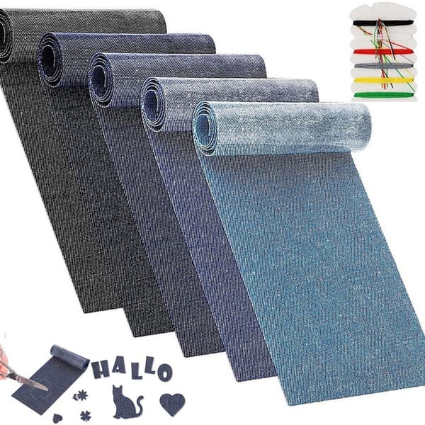 ING 5 ruller denim patchwork - 5 forskellige farver - 8 cm x 51 cm pr. rulle