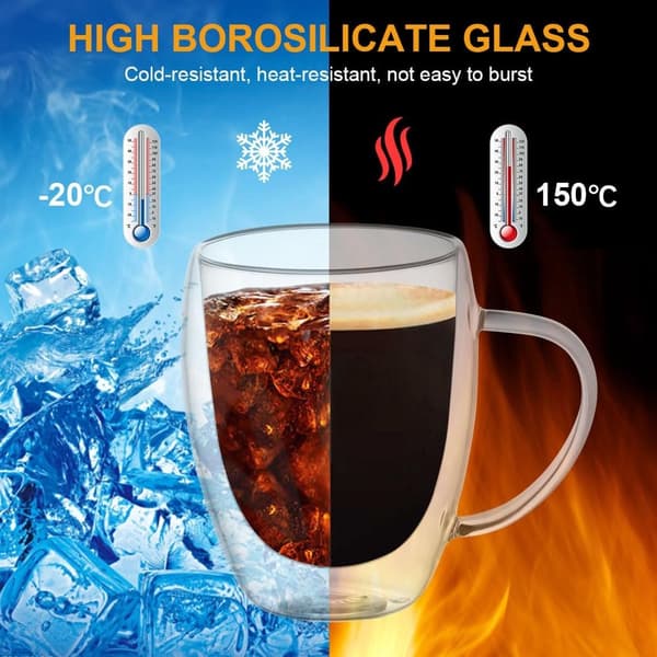Lattekopper - Dobbeltvæggede - Isolerende Glas - 350ml - Borosilikat - Velegnet til Kaffe og Te - Sæt med 2