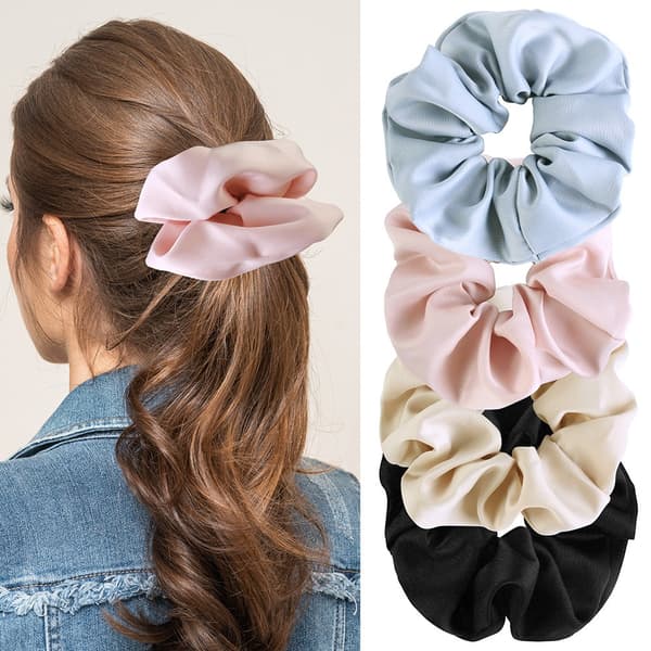 4 stk. hårelastikker - satin elastiske bløde hårelastikker - hårbøjler til piger og kvinder - sort + beige + pink + grå
