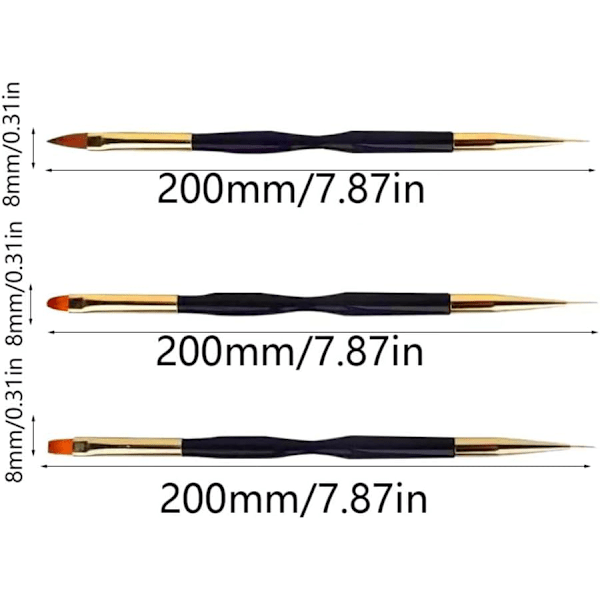 3 stk Dobbeltsidede Neglekunst Liner Pensler, Gel Neglemaling Penselsett for UV Gel, DIY Neglekunst, Fin Detaljering (Svart)