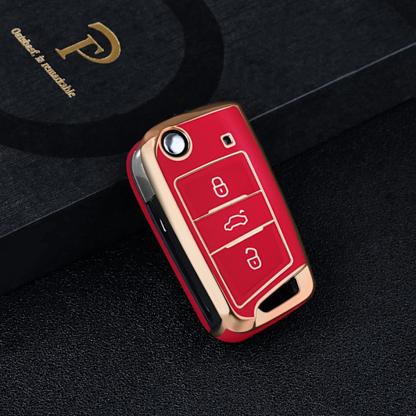 Nøglebeskyttelse til VW Golf 7 Nøgleboks/Nøgleetui til VW, Polo, Skoda, Seat, 3 knapper Golden Edge Red