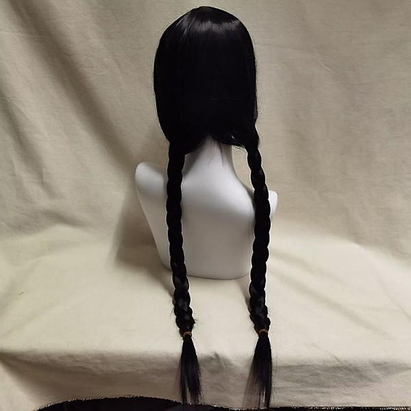 Wednesday Addams Paryk med Wignet Sorte Parykker til Wednesday Kostume Lang Sort Flettet Paryk Flettede Parykker til Addams Fest
