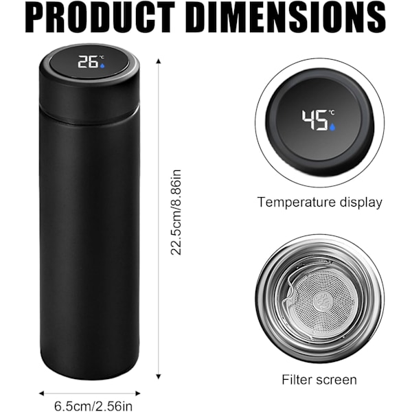 Termosflaska med temperaturvisning, 500 ml vattenflaska