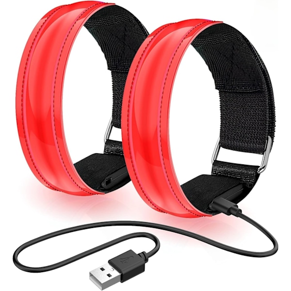 2PCS Rechargeable LED Reflective Armband, Adjustable Flashing Safety Band for Running, Cycling - Red