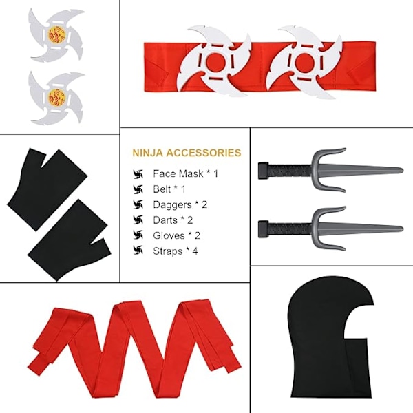 Ninja-kostyme, Barn Halloween Ninja Fint Kleskostyme med Ninja-tilbehør, Kriger Ninja Muskelkostyme for Gutter og Jenter M