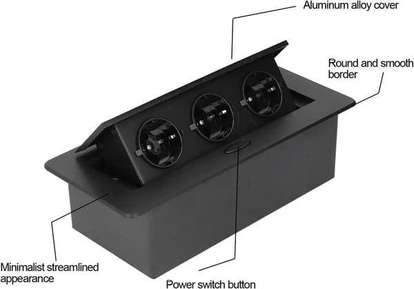 Desktop pop-out USB-strømskinne (sort), 3 stikkontakter, 1,5 meter kabel, velegnet til brug i konferencelokaler og køkkener.