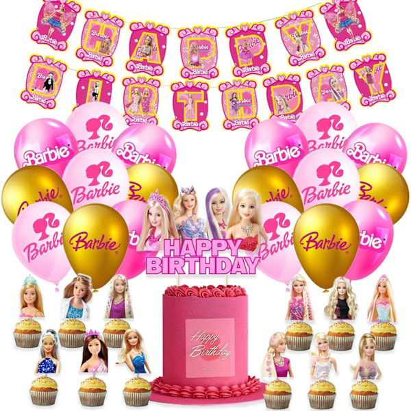 Barbie Prinsessa Födelsedag Dekorationssats, 44 st Cartoon Tema Party Ballonger Tårta Dekoration, Banner Ballon Tårta Flagg för Rosa Födelsedag Dekoration